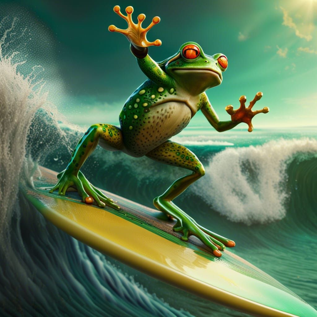 Frog Surfing with Guitar: Detailed Fantasy Art
