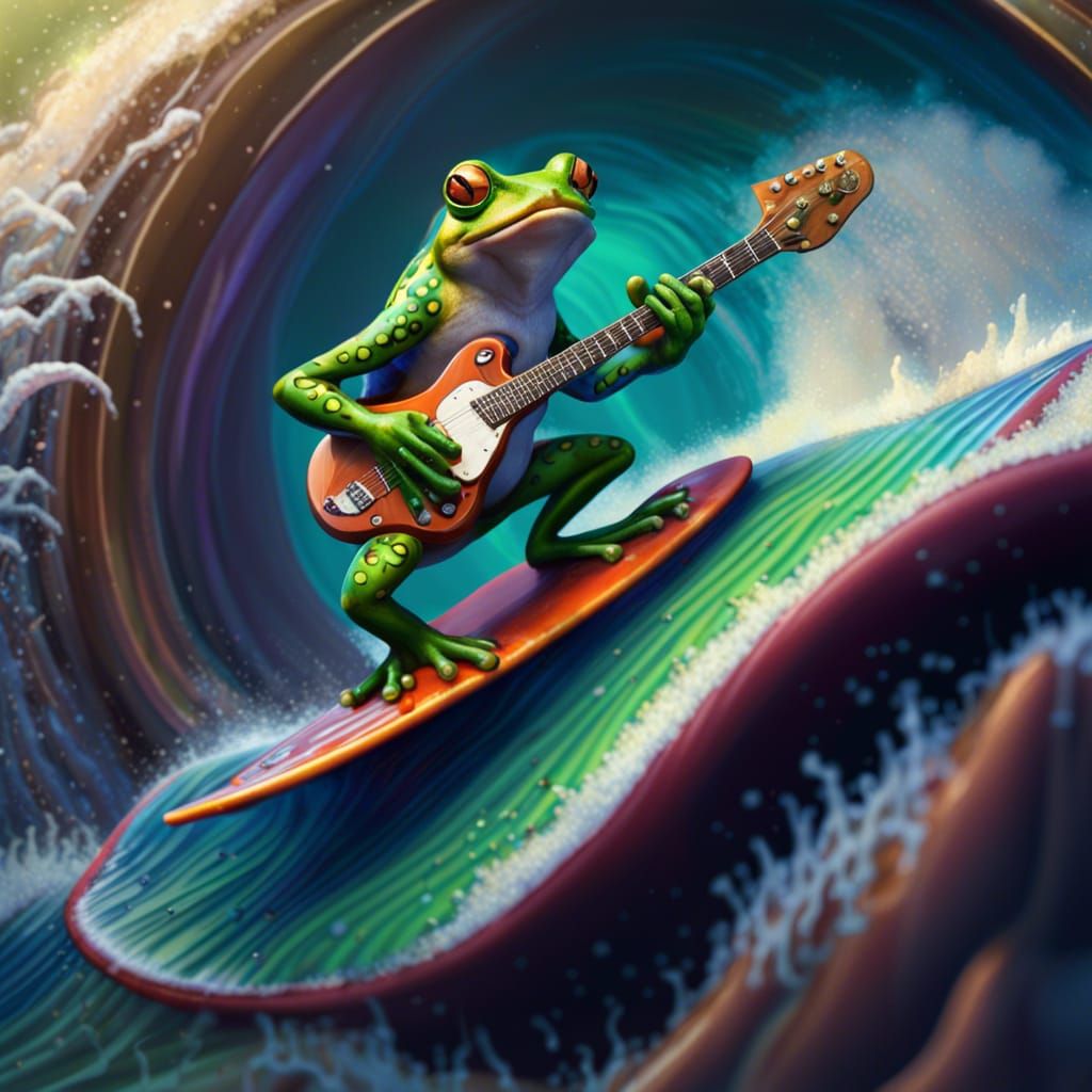 Frog Surfing and Playing Guitar in Pipeline Wave