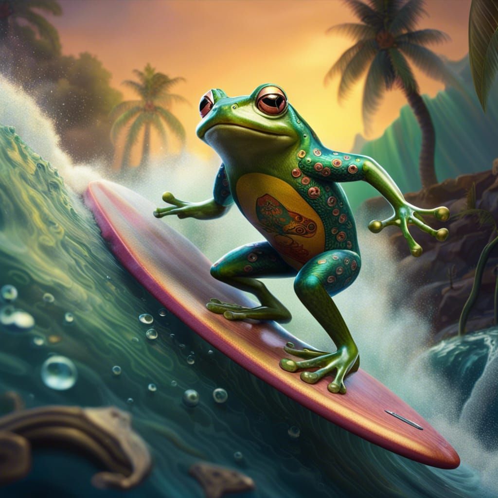 Frog Surfing Pipeline Wave Playing Guitar