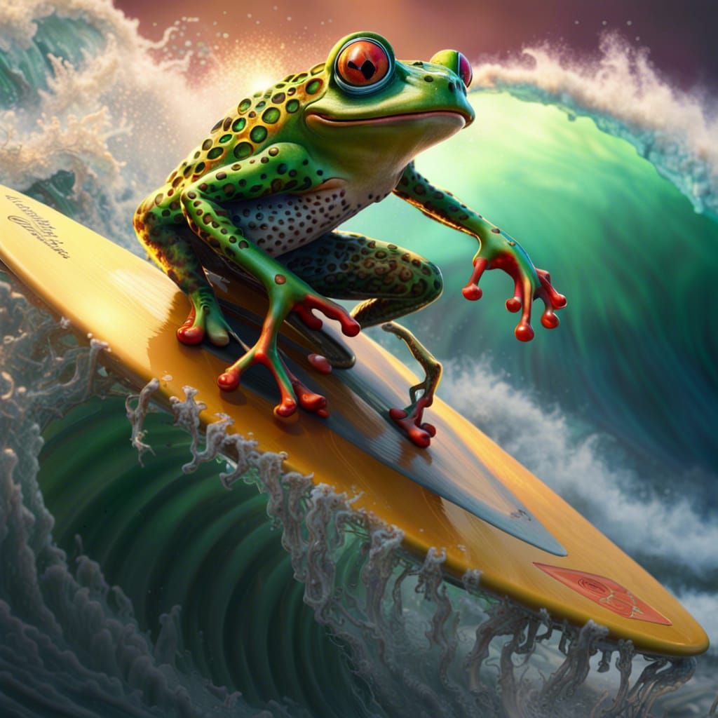 Frog Surfing Pipeline Wave with Guitar