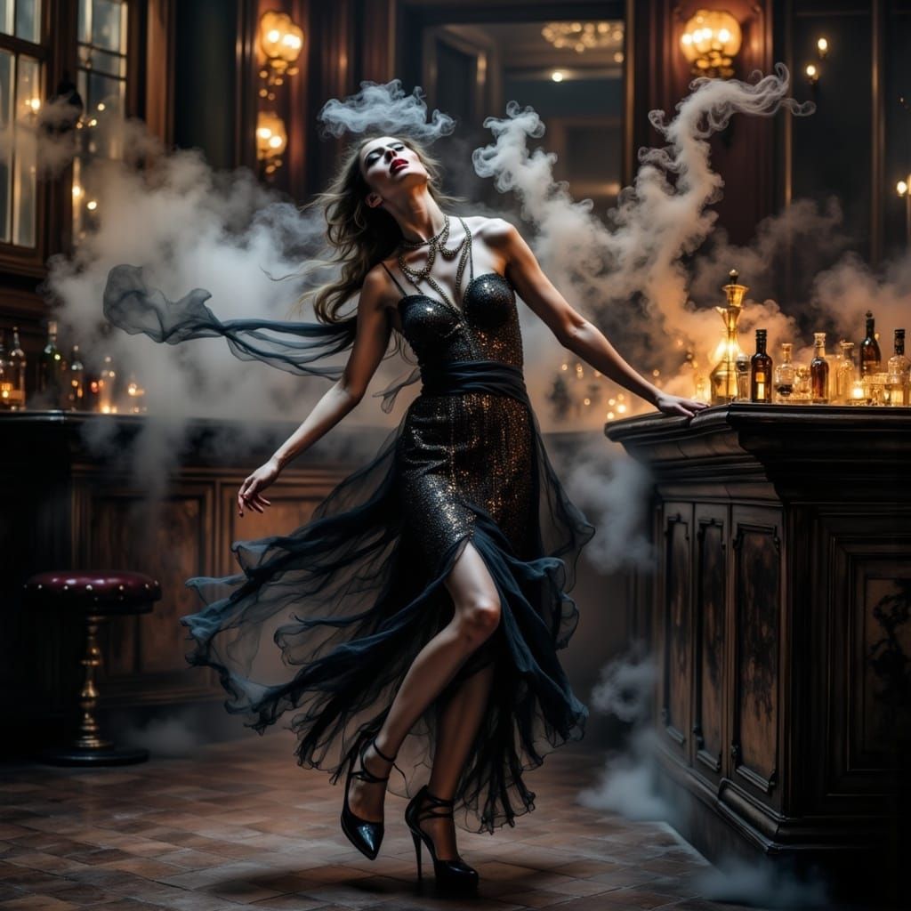 Glamorous Flapper Dancer in Smoky Speakeasy