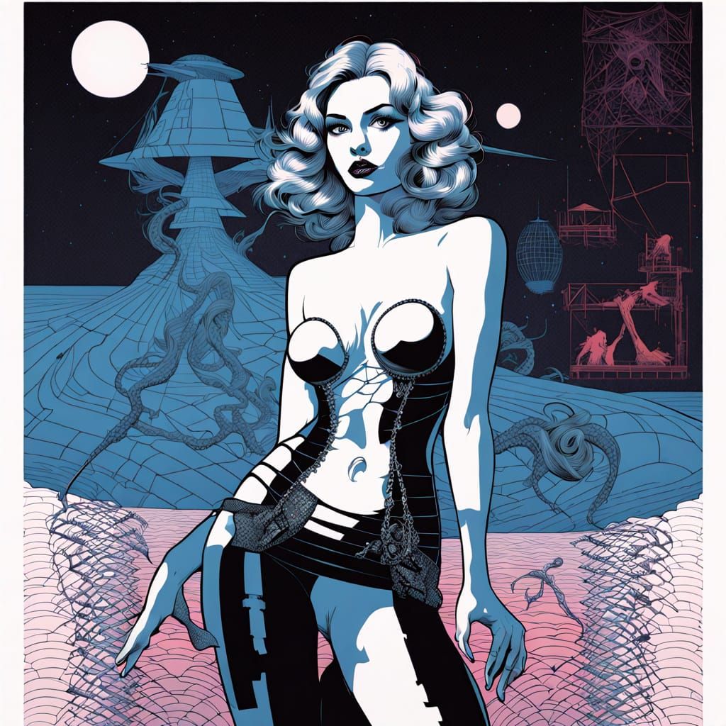 Blonde Woman in Ukiyo-e Synthwave Style