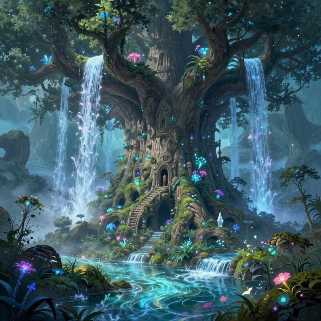 Elven City Hidden in Ancient Tree with Bioluminescent Glow