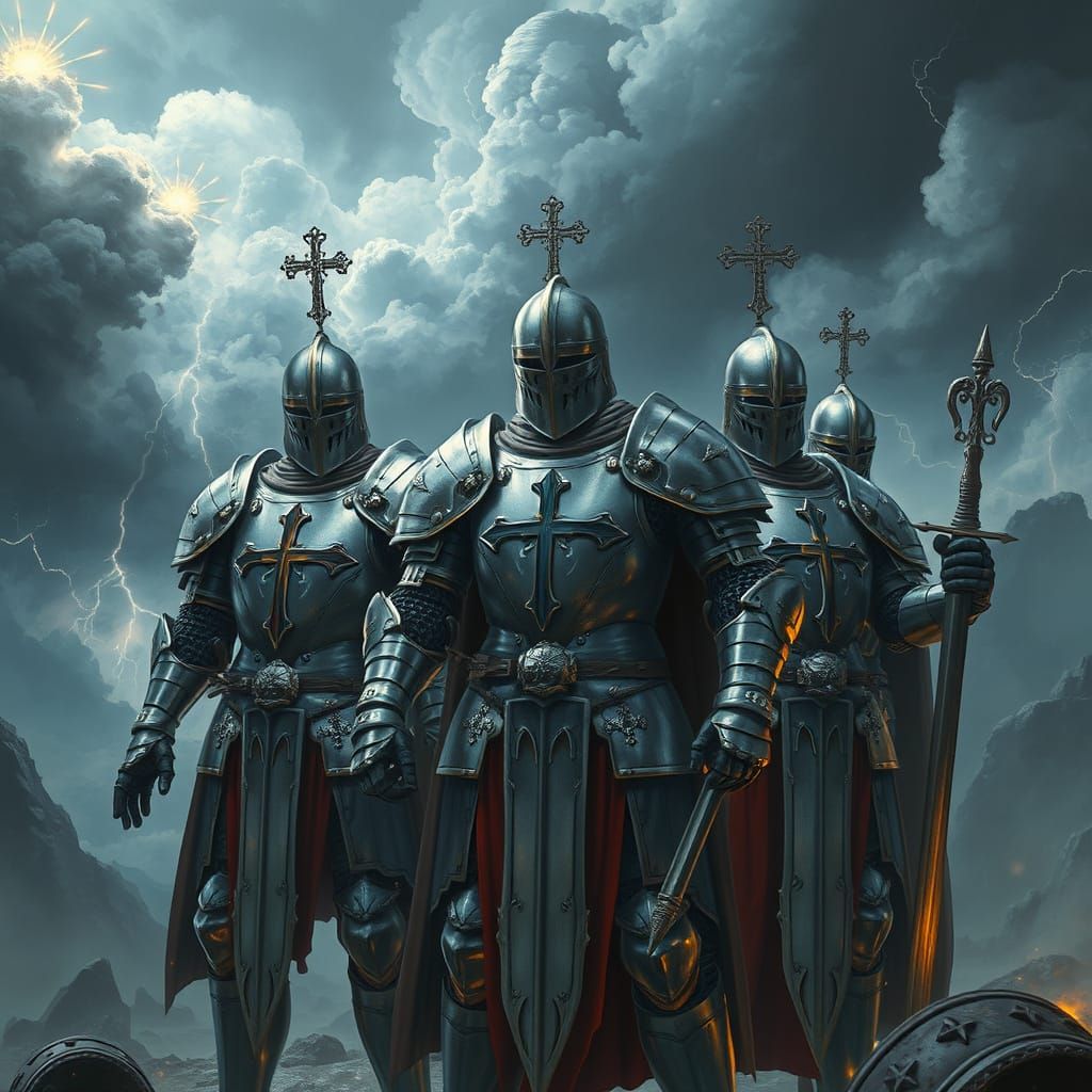 Silver Armored Knights Stand Tall in a Futuristic Apocalypse