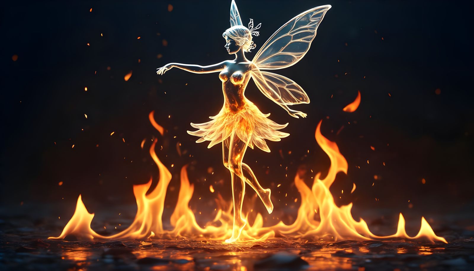 Glass Fairy Dancing on Fire in Realistic Style