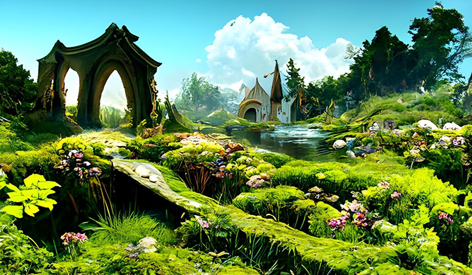 Magical Fairy Village with Pond, Hyper-Realism