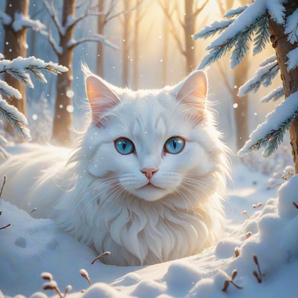 Whimsical Winter Cat in Watercolor Wonderland