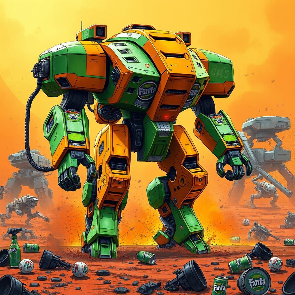 Futuristic Fanta Mech in Neon-Lit Battle Landscape