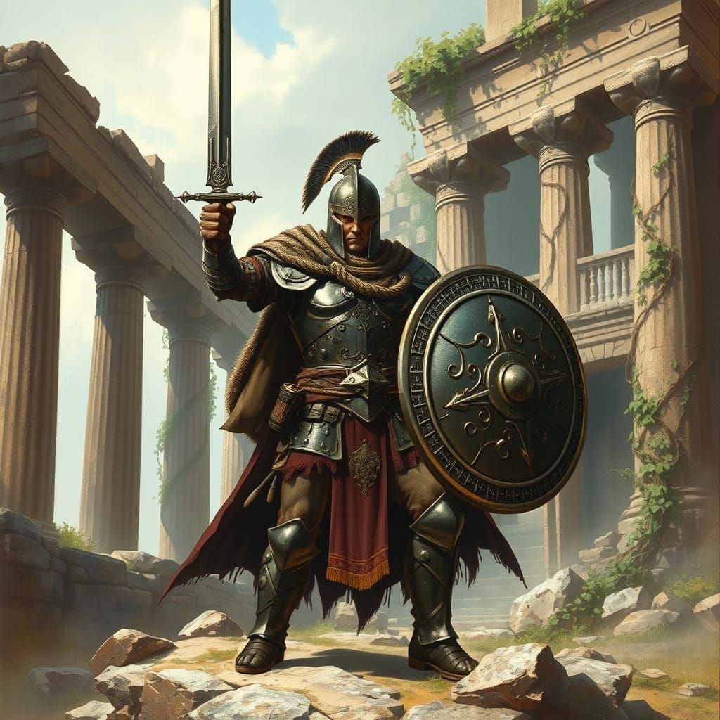 Heroic Ancient Warrior in Battle-Worn Armor
