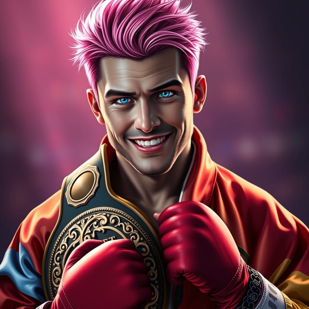 Pink-Haired Boxer with Championship Belt, Digital Art