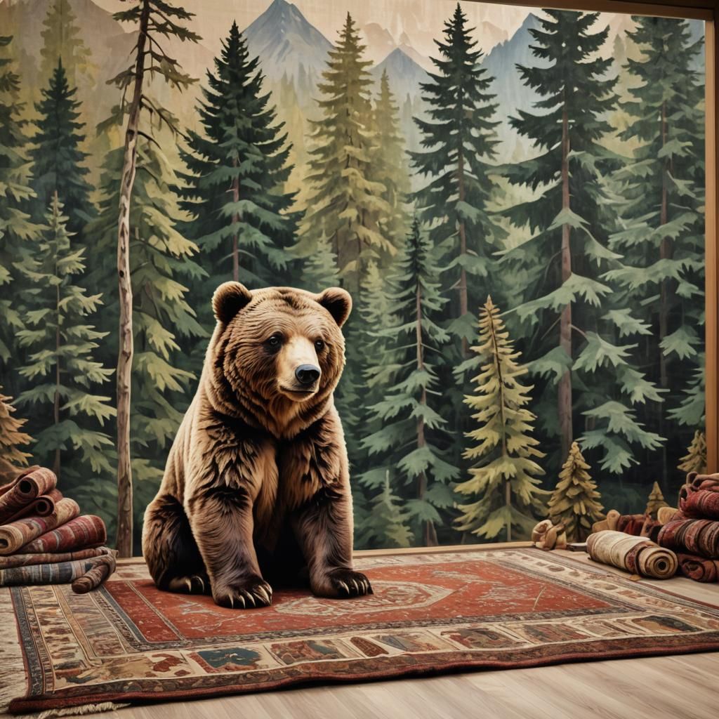 Frightened Bear Gazing at Bear Skin Rugs
