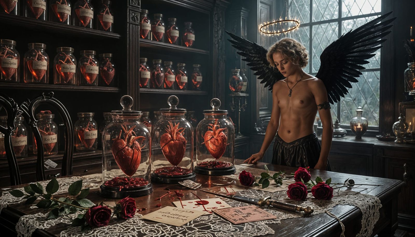 Victorian Study of Floating Hearts in Candlelight