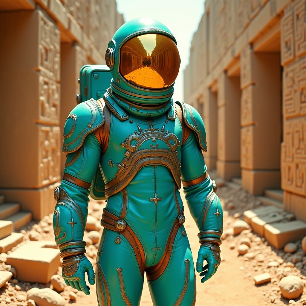 Astronaut Explores Ancient Ruins in Sci-Fi Style
