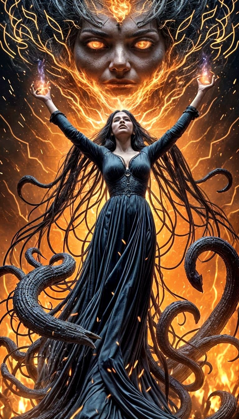 Surreal Cinematic Witch Conjures Dark Magic Amidst Inferno