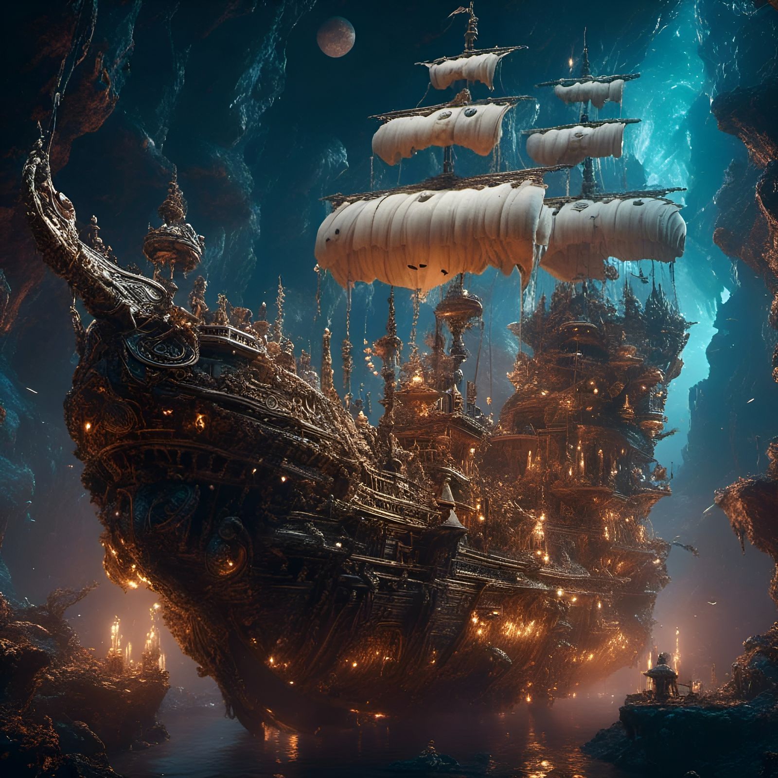 Rococo Gothic Alien Pirate Ship in Cosmic Galaxy