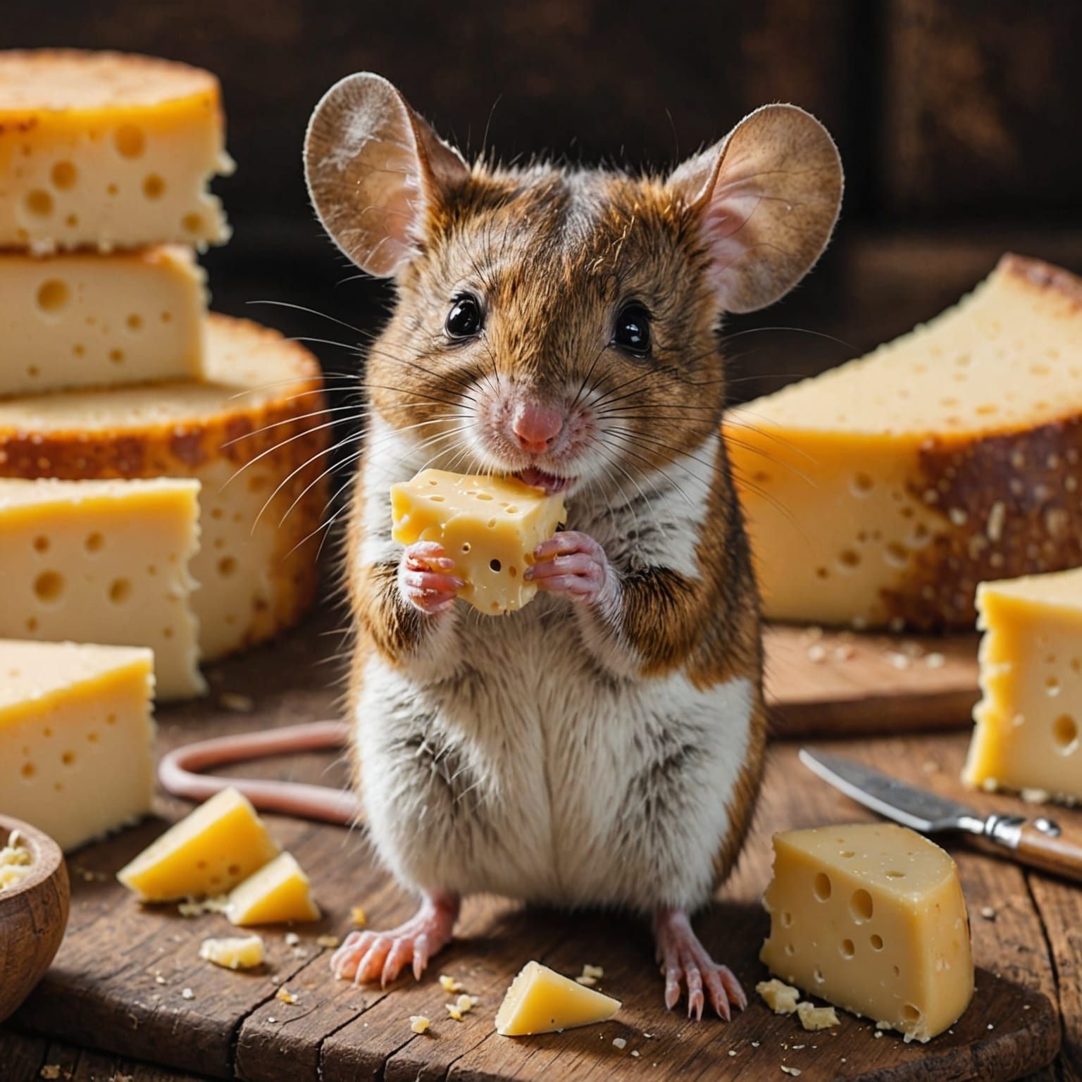 Delightful Mouse Savoring Cheese in Whimsical Style