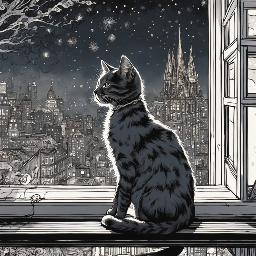 Whimsical Kitten Watches New Year Fireworks in a Tenniel-Ins...
