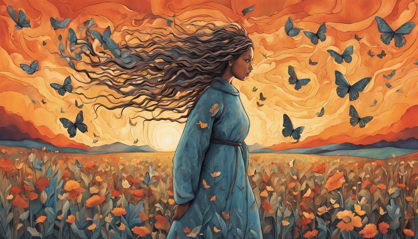 Surreal Sculpture: Child in Wildflower Field at Sunset