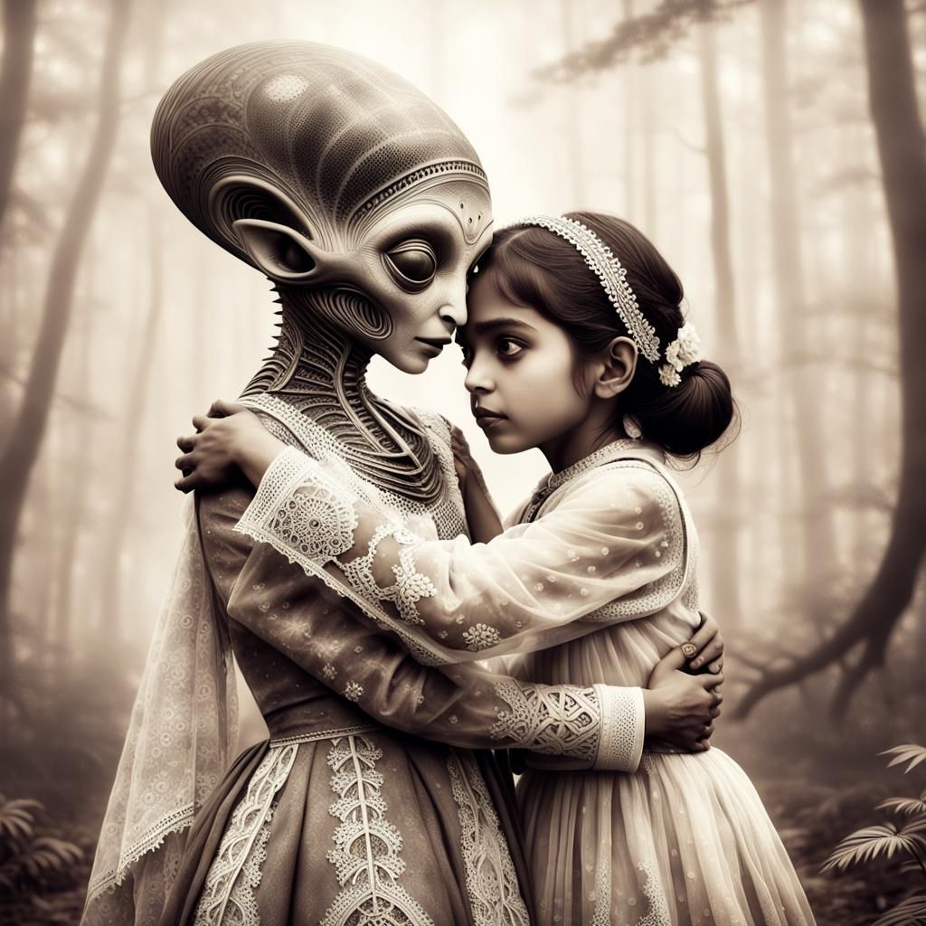 Girl and Alien in Dreamy Vintage Photo