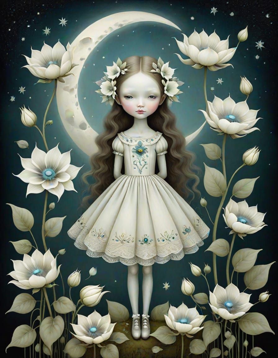 Surreal Moonflower Blooms in a Dreamlike Landscape