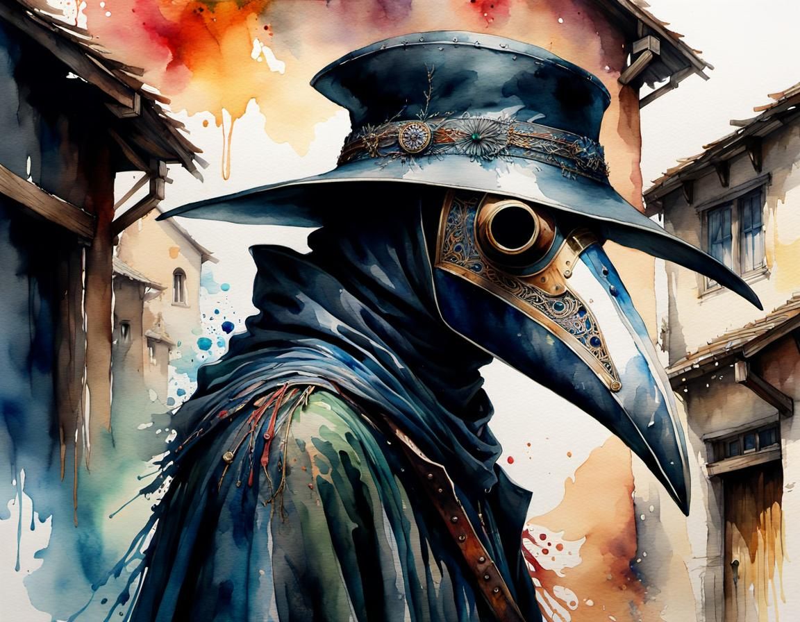 Watercolor Plague Doctor Portrait in Medieval Village
