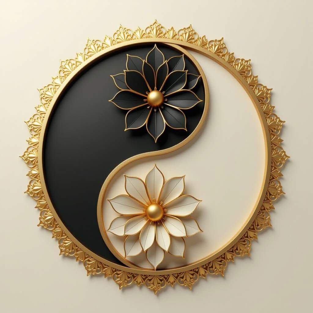 3D Gold Flower Yin-Yang Symbol