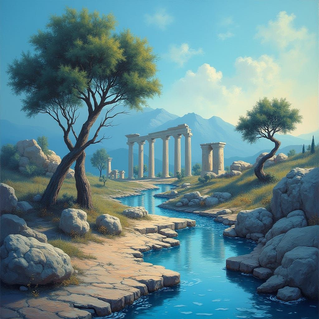 Surreal Greek Landscape with Ancient Columns and Olive Trees
