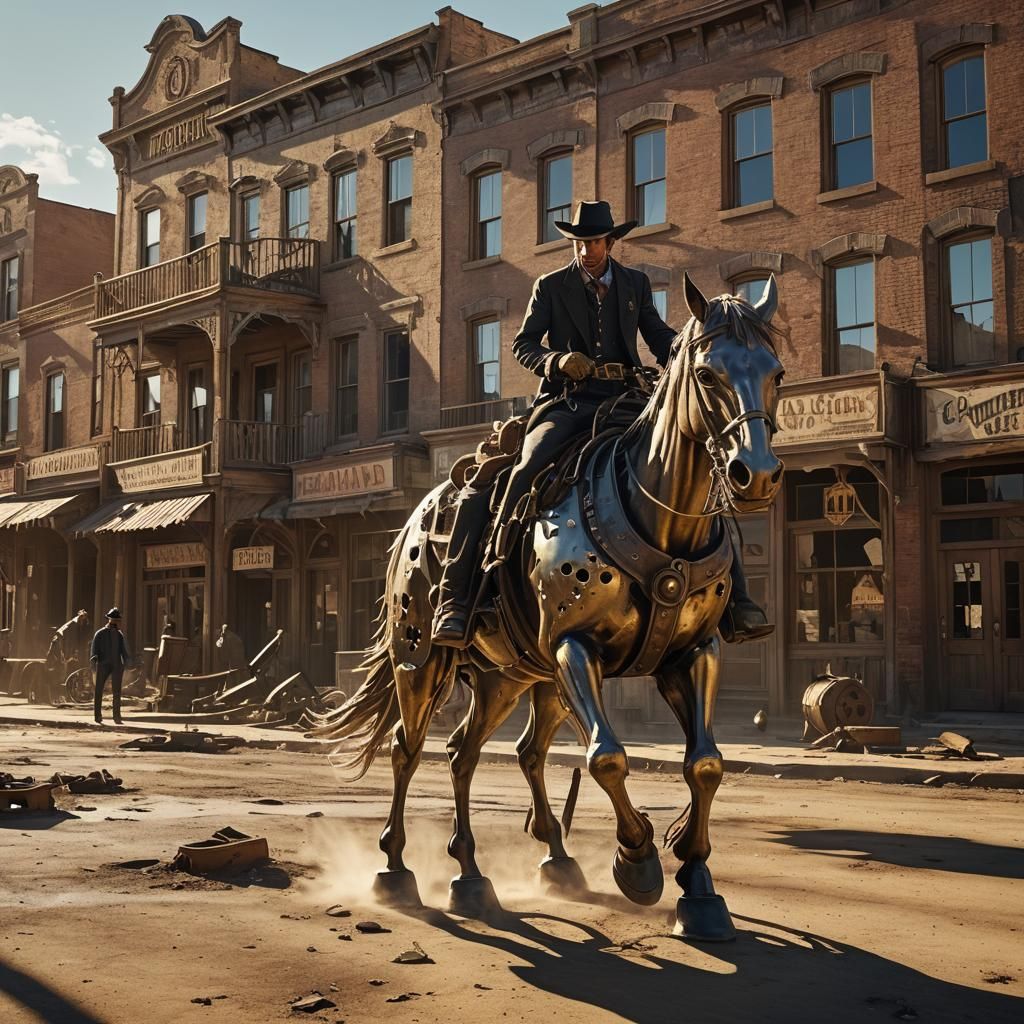 Cowboy Rides Melting Clockwork Horse: Surreal Oil Painting