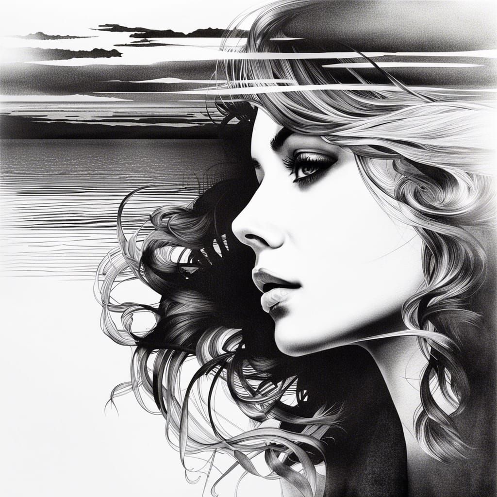Ocean Double Exposure Woman: Ink Drawing