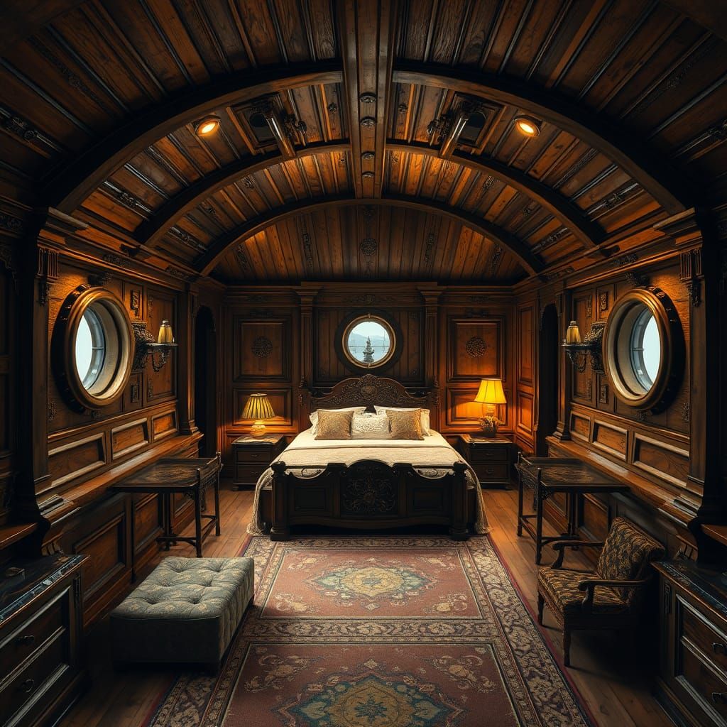 Majestic Wooden Ship Bedroom in Fantastical Realism
