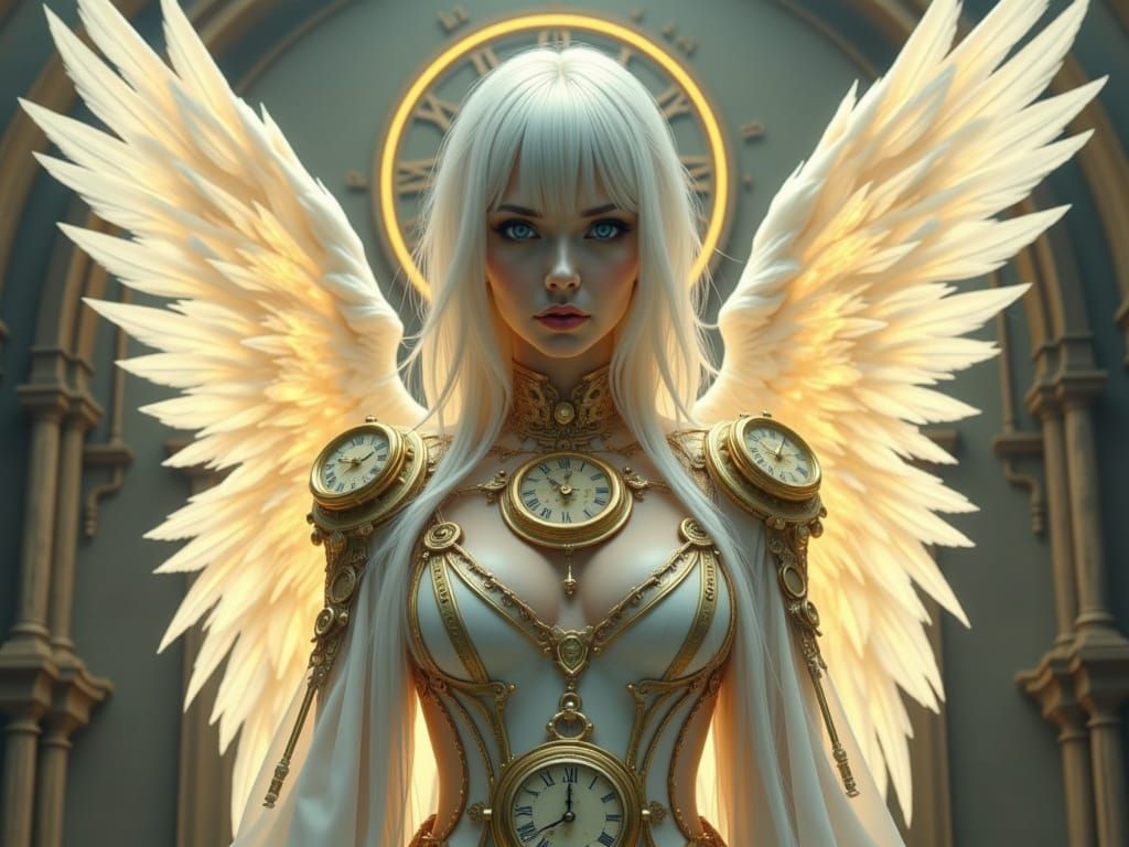Clockpunk Angel with Clockwork Wings and Golden Aura