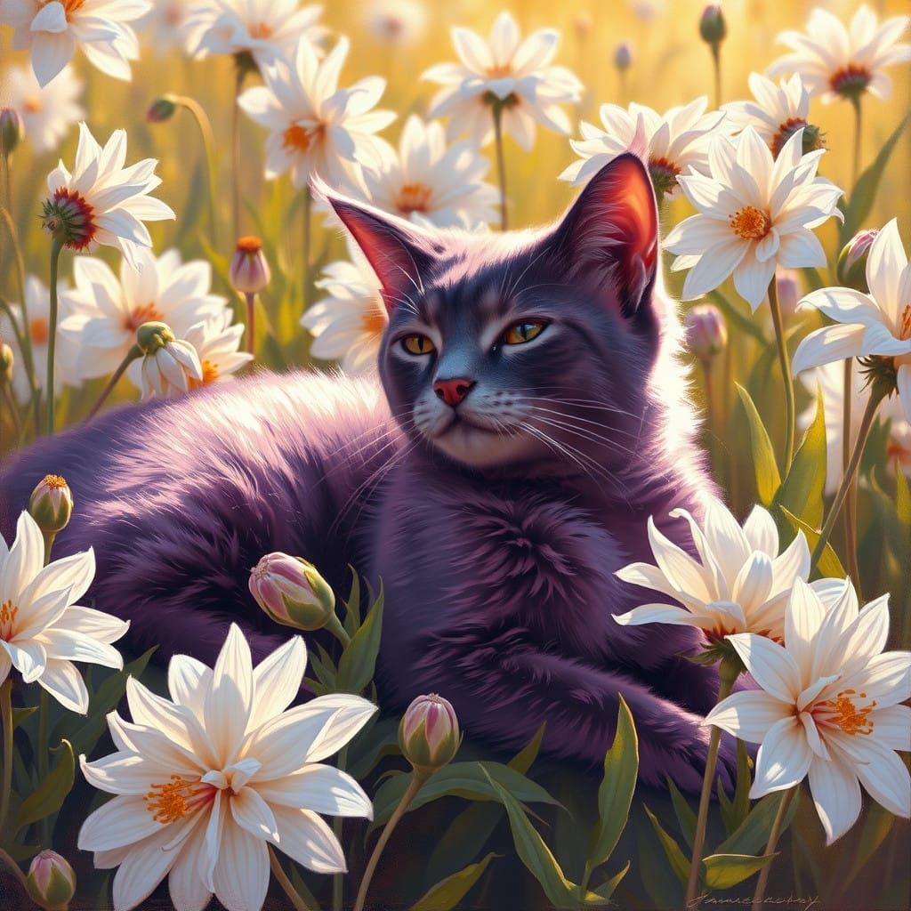 Amethyst Cat in a Field of White Dahlias, Impressionist Oil....