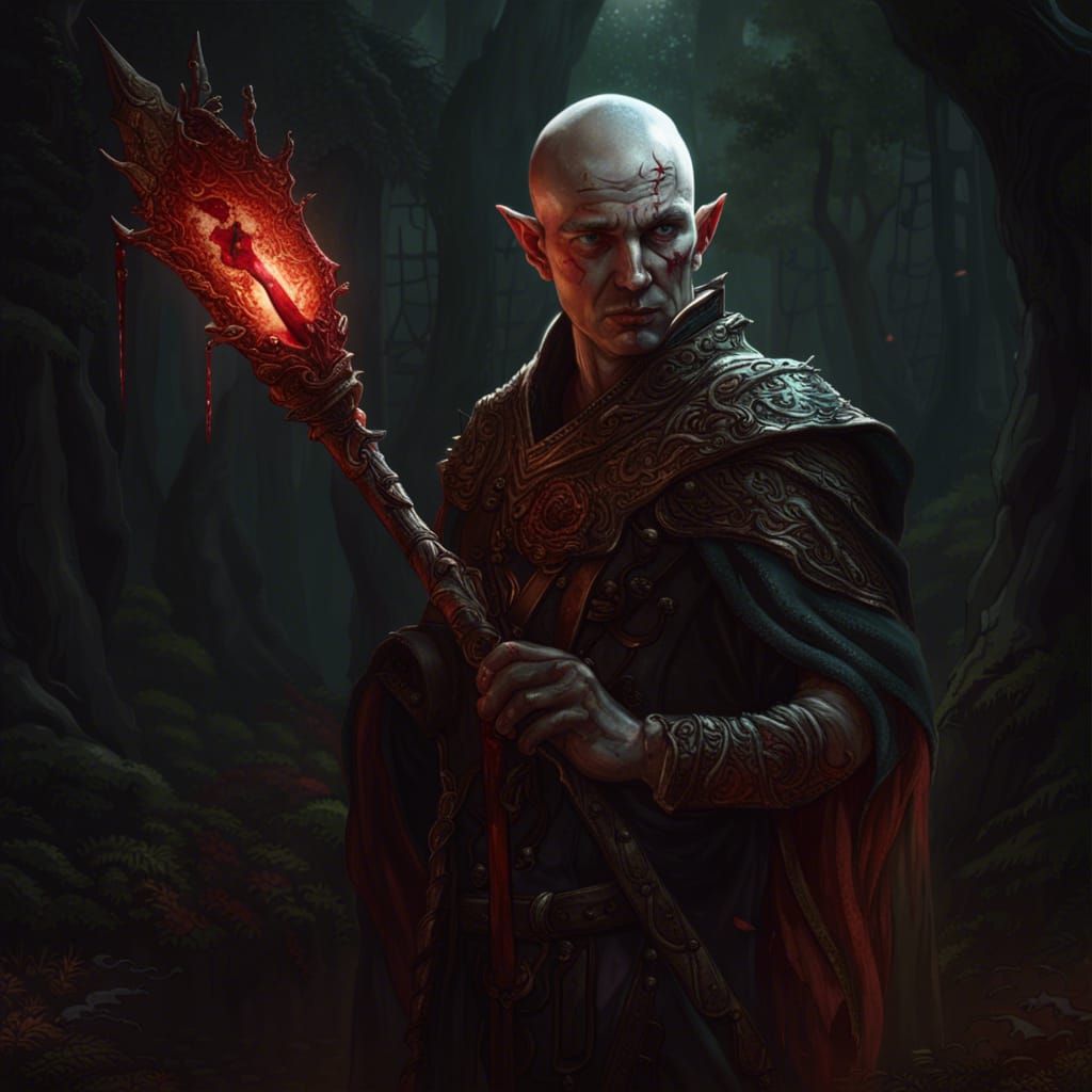 Elven Man with Blood Staff: Dark Fantasy Art