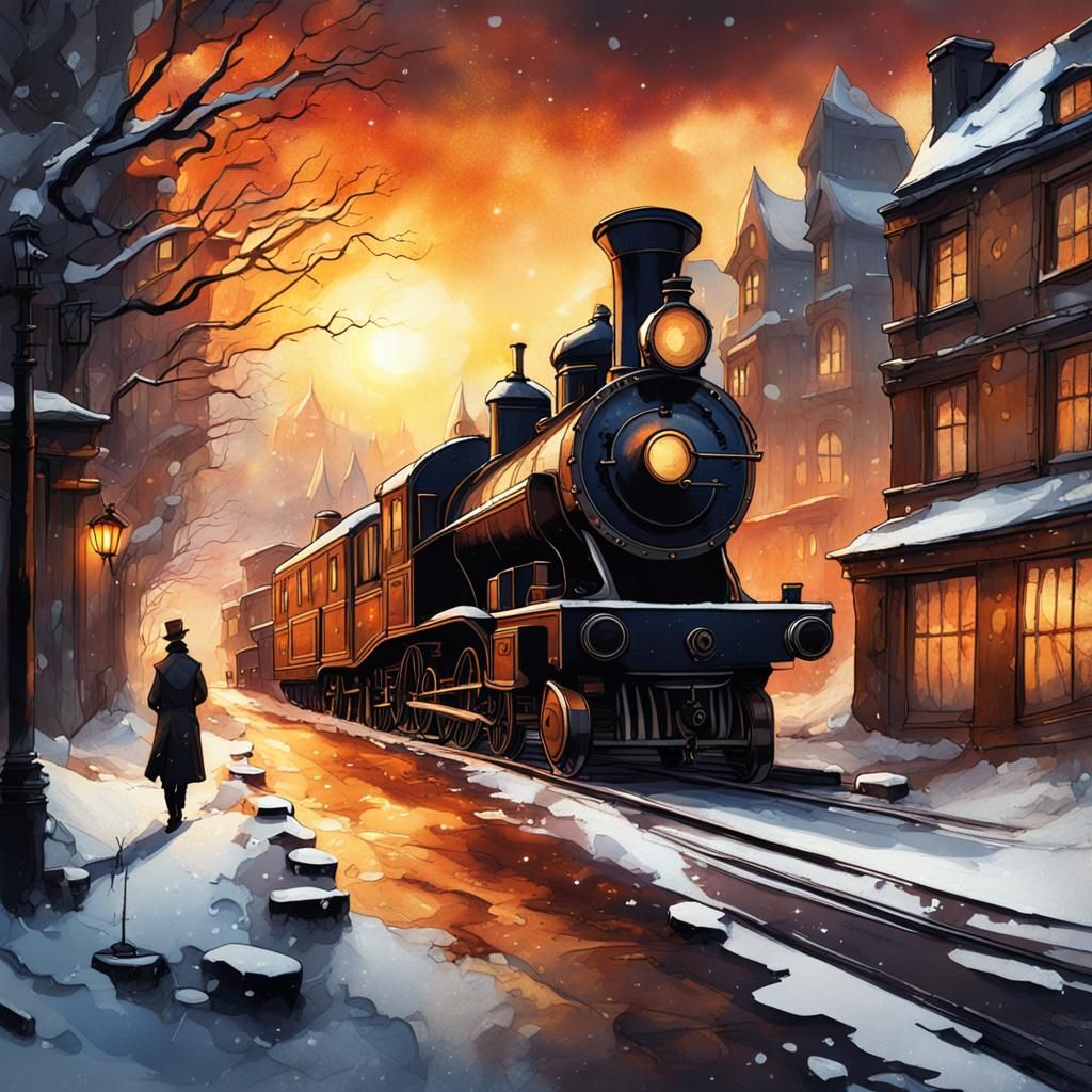 Steampunk Sunset Street Scene in Ink Painting Style