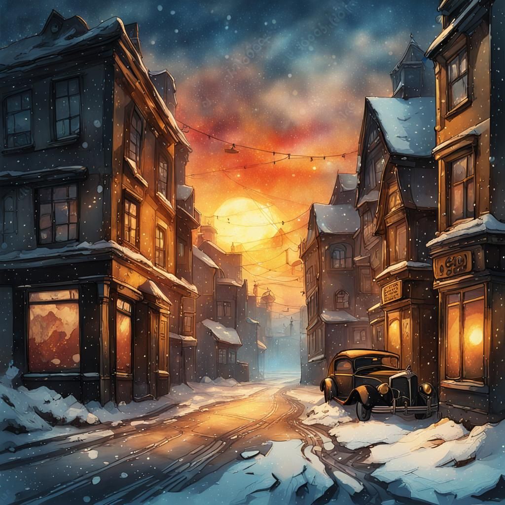 Snowy Sunset Street: Steampunk Ink Painting