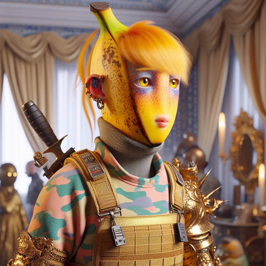 Banana Legion in Gothic Rococo Bedroom, Photorealistic