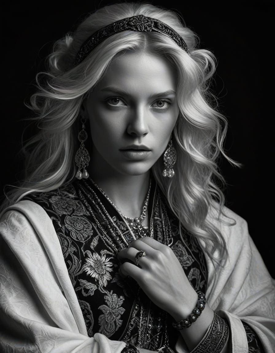 Black-and-white chiaroscuro portrait of a Nordic blonde woman inspired by Caravaggio