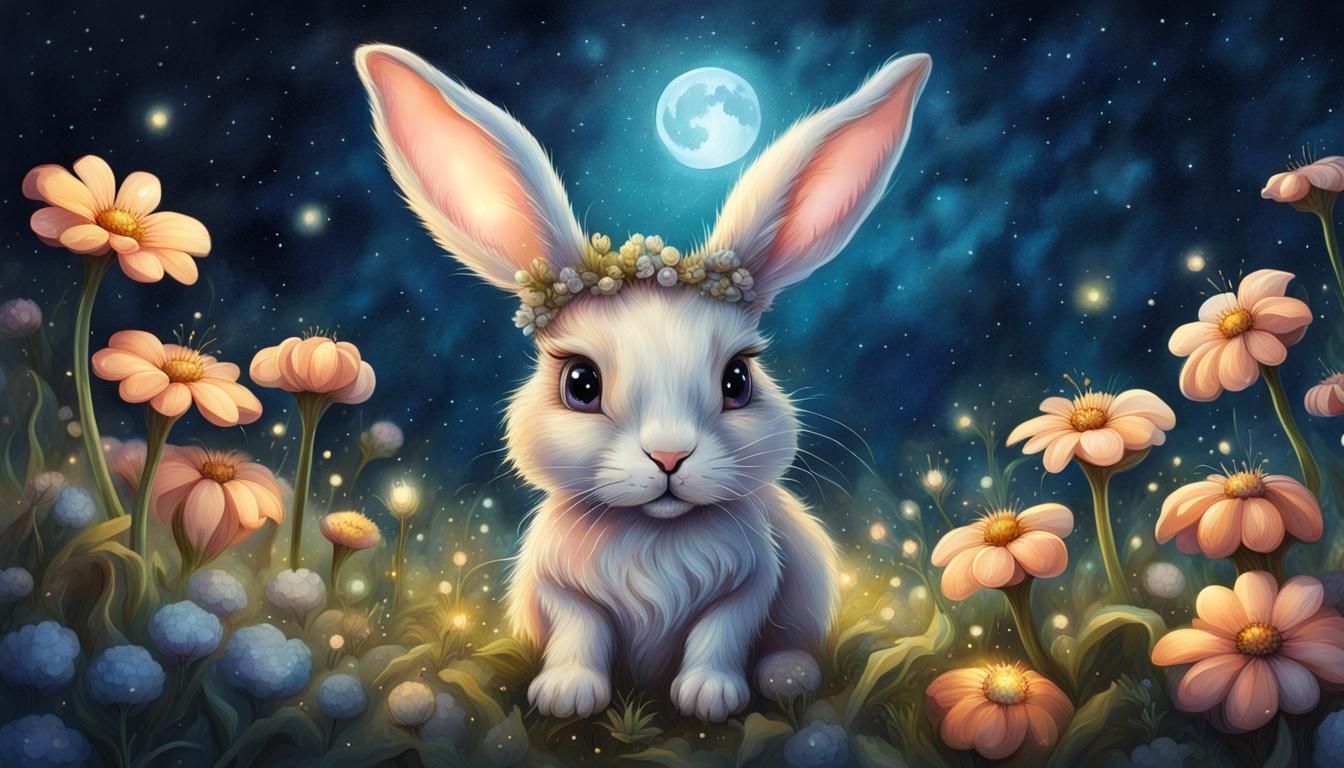 Fantasy Fairy Bunny in Moonlit Flower Field