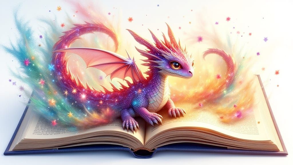Dragon Crawling Out of Storybook in Neo-Impressionist Style