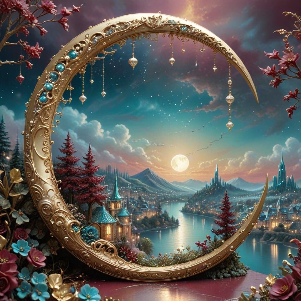Golden Moon Holding Teal City in Burgundy Mist