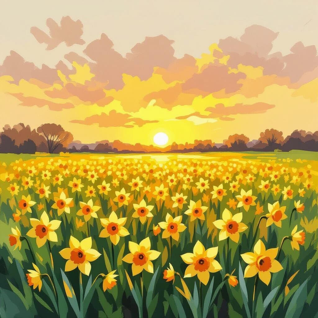 Daffodils at Rainy Sunset in Gouache Impressionism