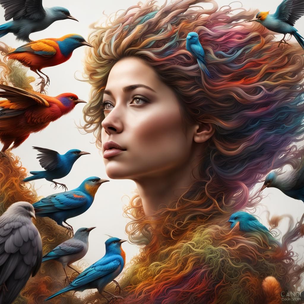 Woman with Bird Nest Hair: Photorealistic Art