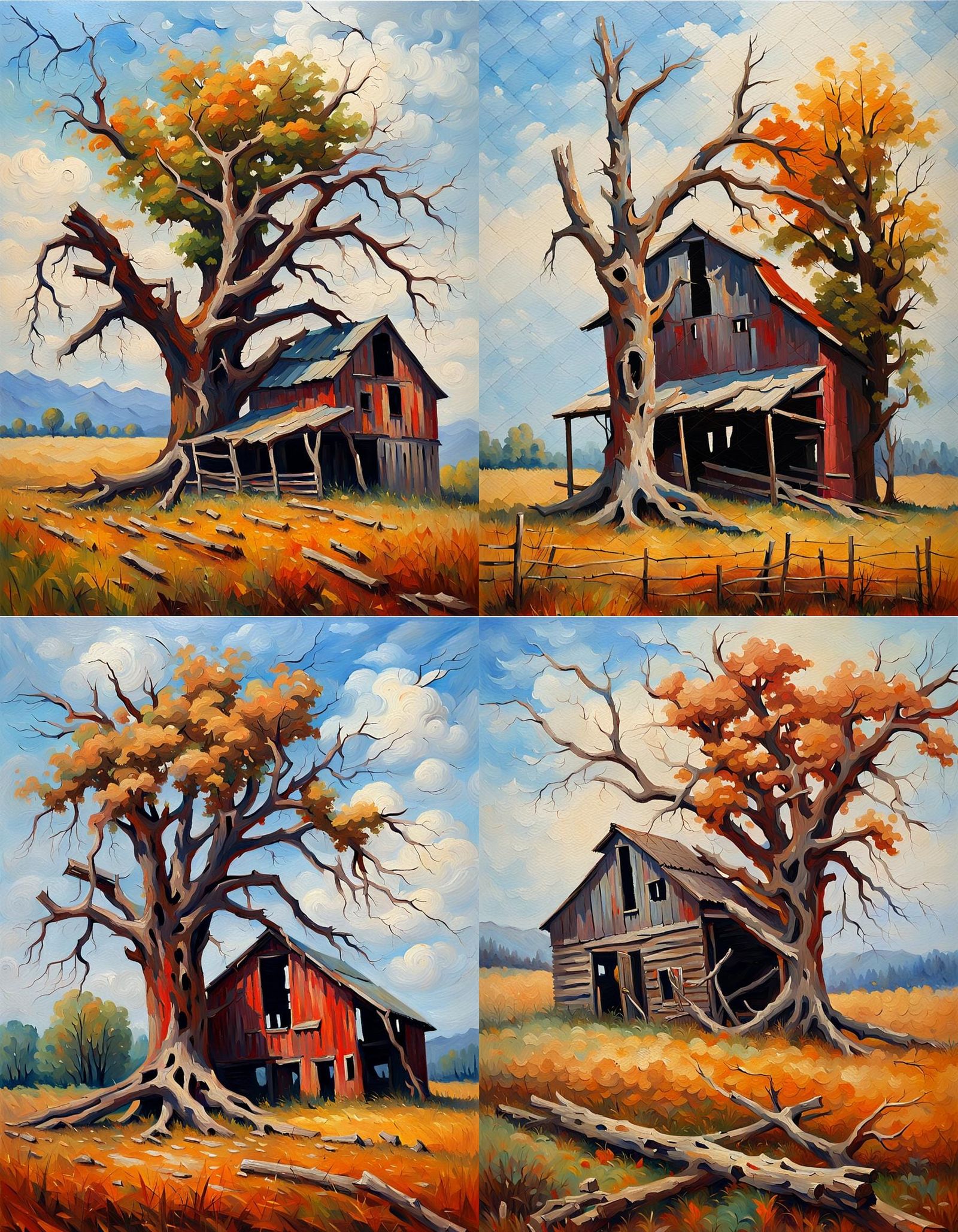Impressionist Oil Painting of Tree and Barn