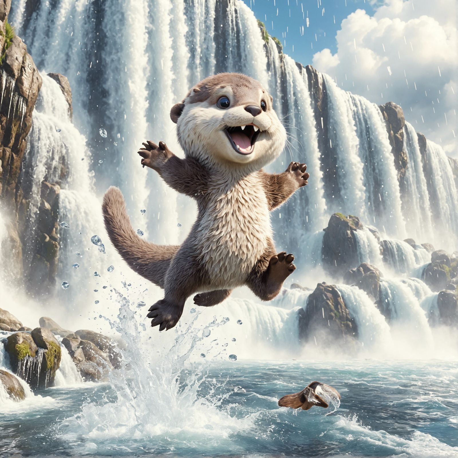 Joyous Cartoon Otter Leaping Down Waterfall
