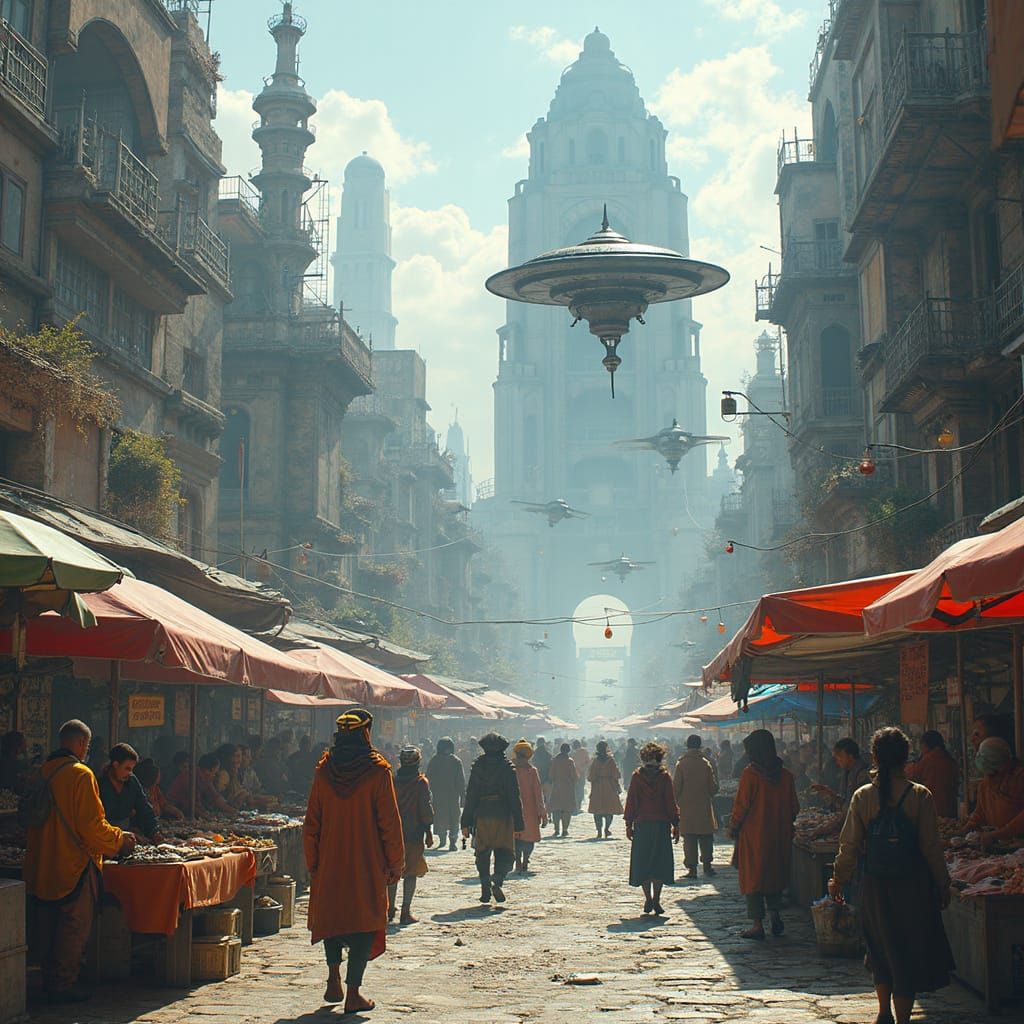 Futuristic City Marketplace with Alien Creatures