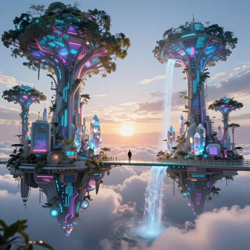 Crystal City Above Clouds with Holographic Trees and Sunrise