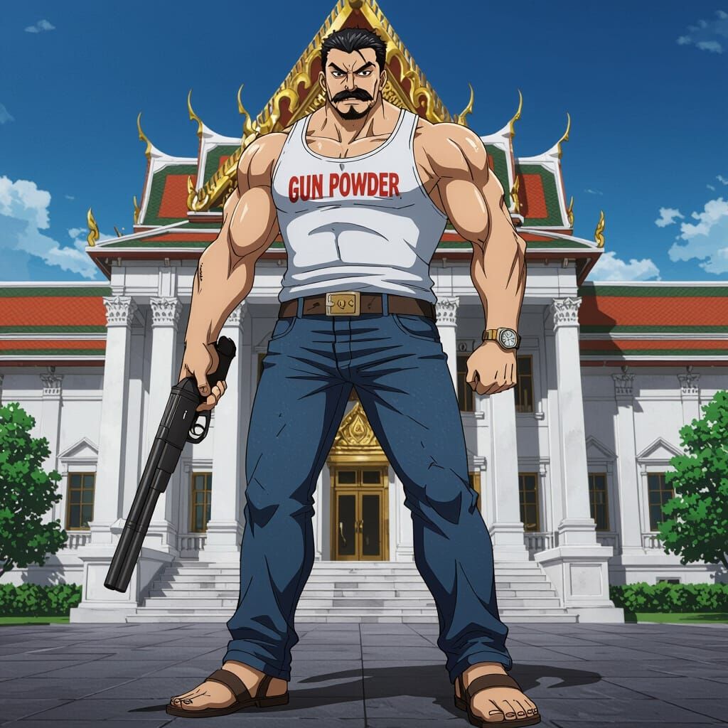 Muscular Anime Villain with Mustache in Dynamic Style