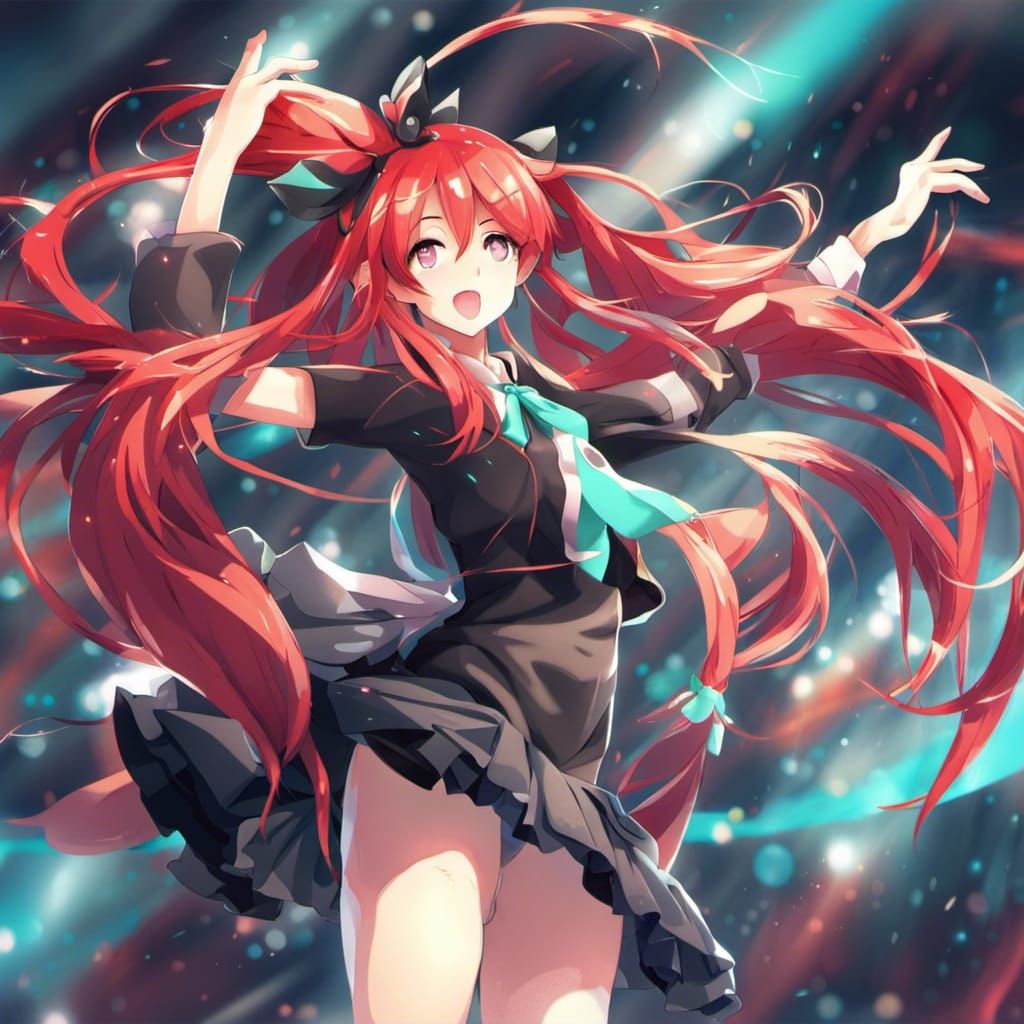 Red-Haired Girl Dancing with Hatsune Miku in Anime Style