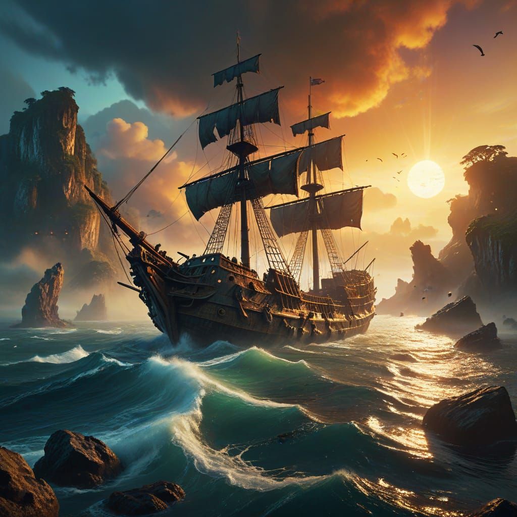 Skull Island: Misty Shipwreck in Golden Hour Glow
