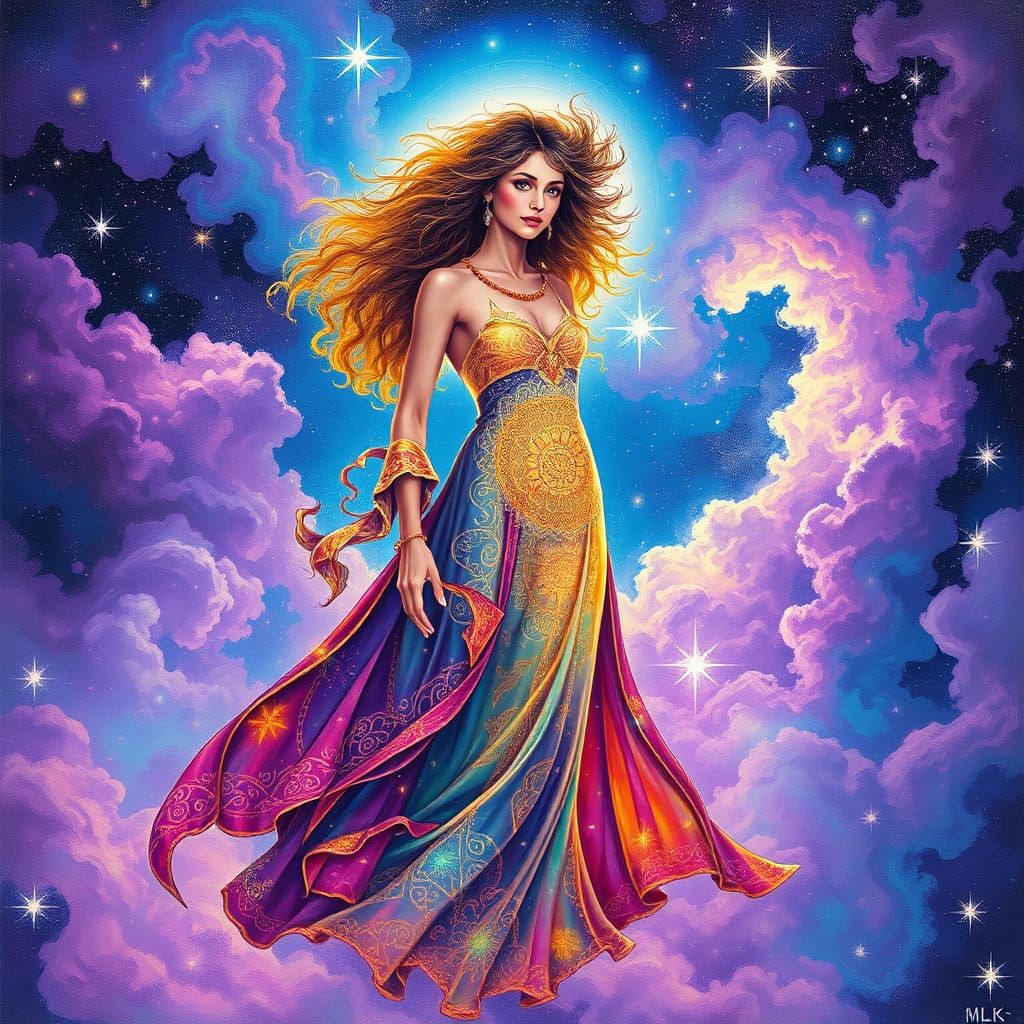 Surreal Cosmic Goddess Unites with Astral Plane in Iridescen...